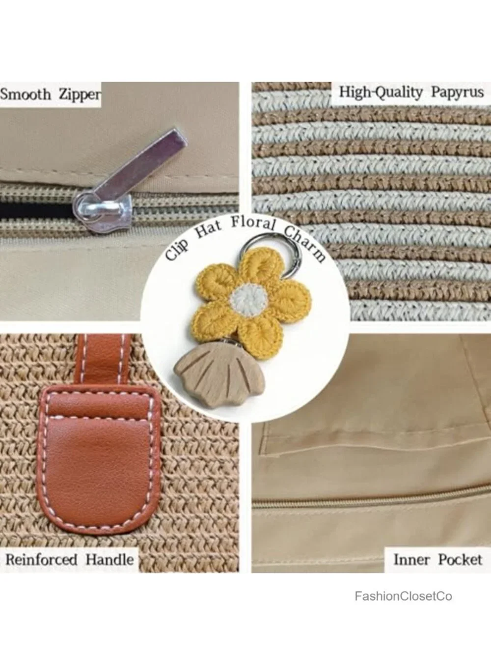 Straw Wide Brim Sun Hat and Woven Tote Bag Set with Hat Clip